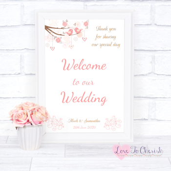 Shabby Chic Hearts & Love Birds in Tree - Welcome To Our Wedding Sign