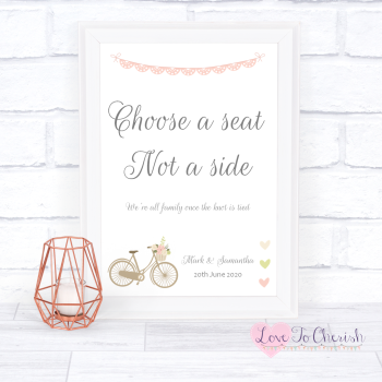 Vintage Bike/Bicycle Shabby Chic Pink Lace Bunting - Choose A Seat Not A Side - Wedding Sign
