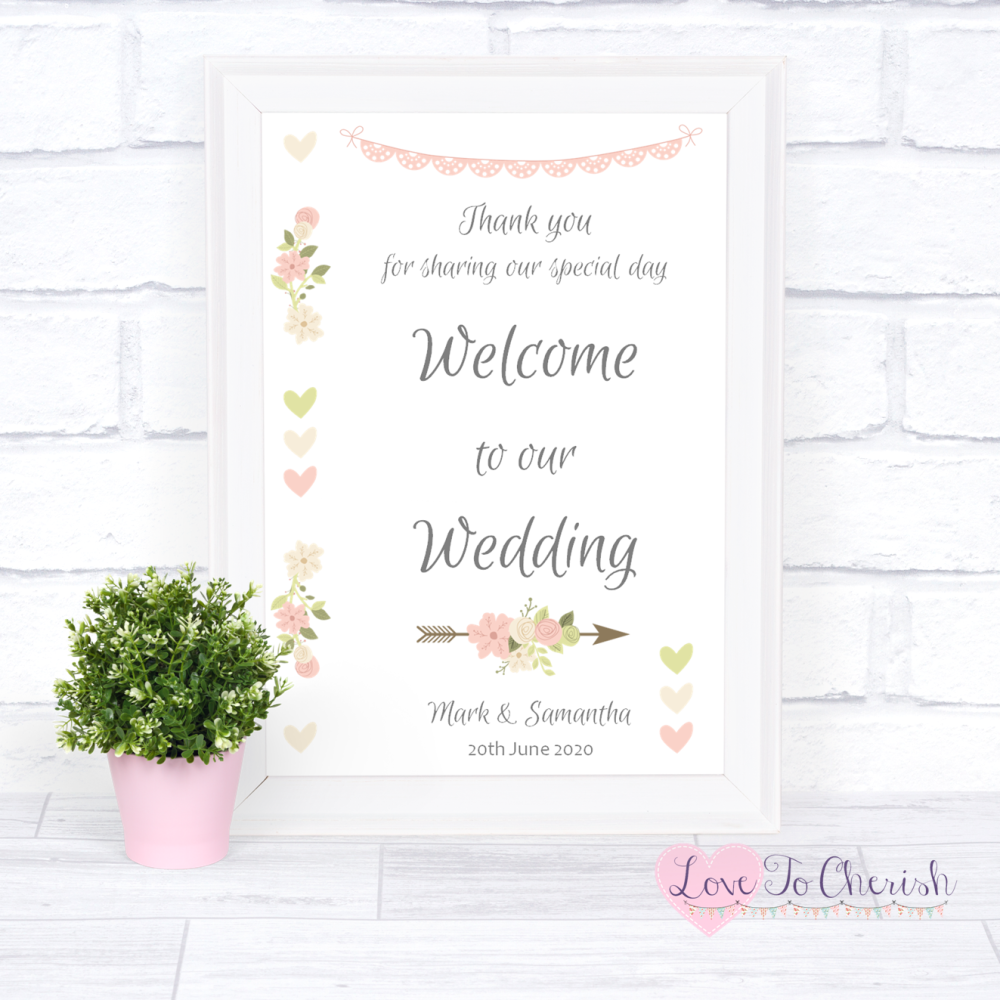 Welcome To Our Wedding Sign - Vintage Flowers & Hearts | Love To Cherish