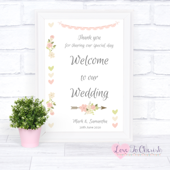 Vintage Flowers & Hearts - Welcome To Our Wedding Sign