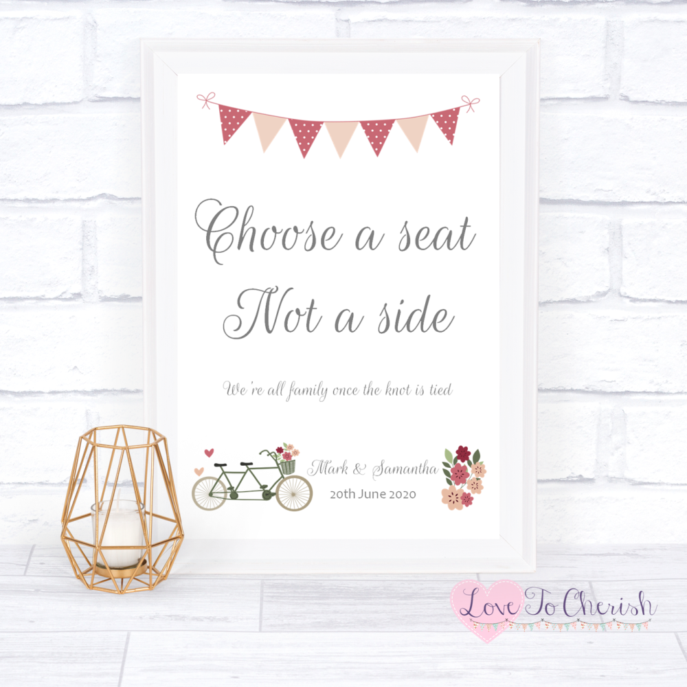 Choose A Seat Not A Side Wedding Sign - Vintage Tandem Bike/Bicycle Shabby 