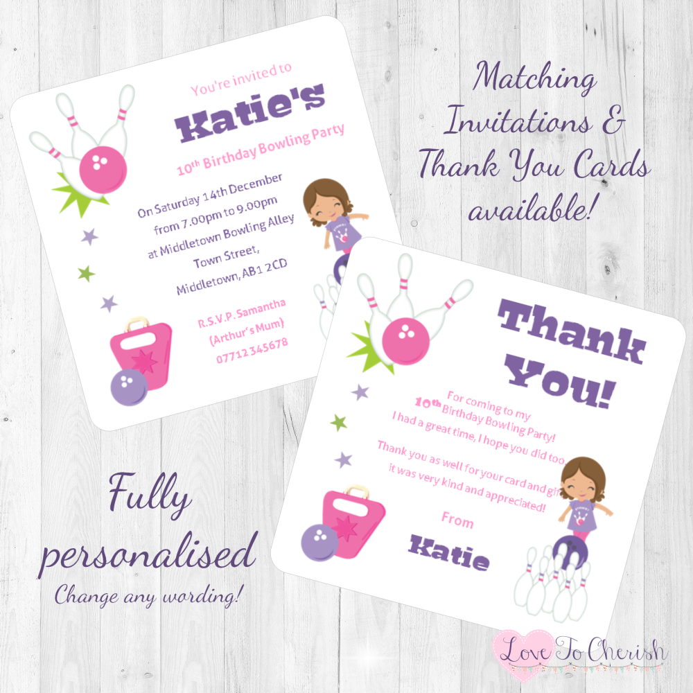 Girl's Bowling Party Invitations & Thank You Cards