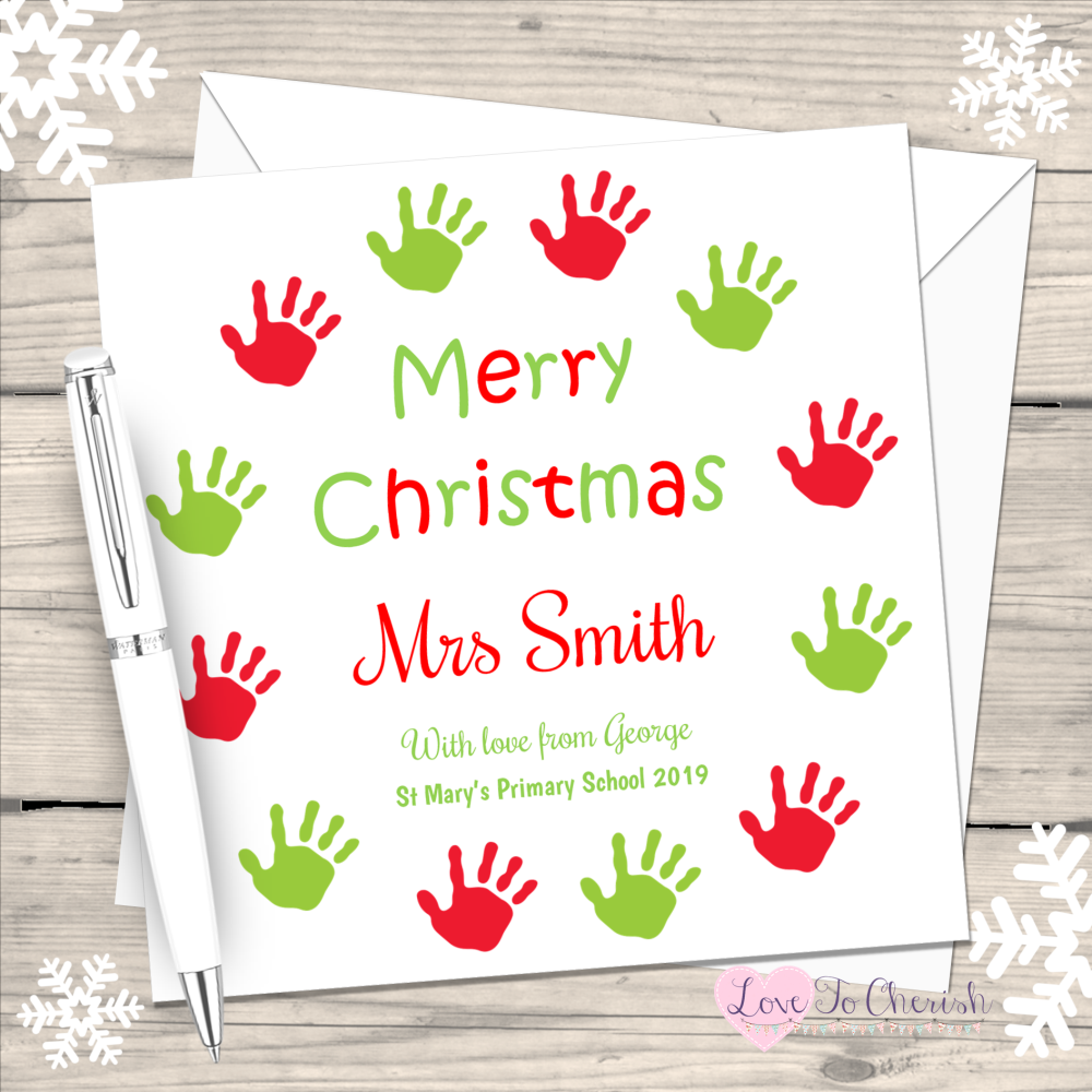 Teacher - Hand Print Wreath Personalised Christmas Card