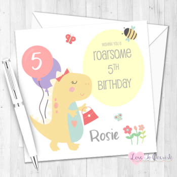Girls Dinosaur Personalised Birthday Card