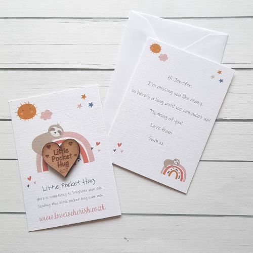 Sloth & Rainbow Wooden Pocket Hug with optional Personalised Card