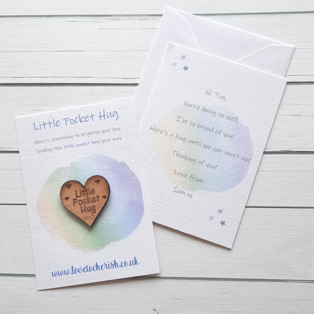 Pastel Colours Wooden Pocket Hug with optional Personalised Card