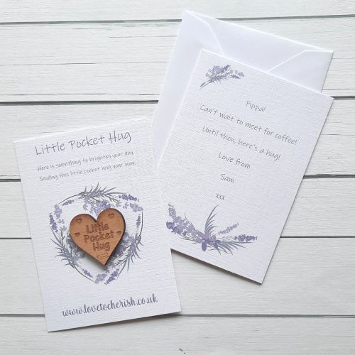 Purple Flowers Wooden Pocket Hug with optional Personalised Card