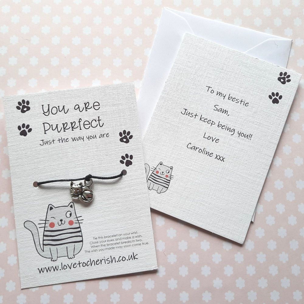You're Purrfect Cat Wish Bracelet with Personalised Message Card Option