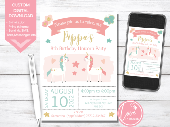 Unicorn Party Personalised Birthday Party Invitations - DIGITAL DOWNLOAD