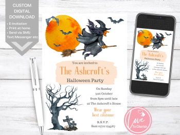 Flying Witch Halloween Party Invitations - DIGITAL DOWNLOAD
