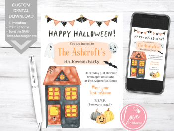 Haunted House & Bunting Halloween Party Invitations - DIGITAL DOWNLOAD