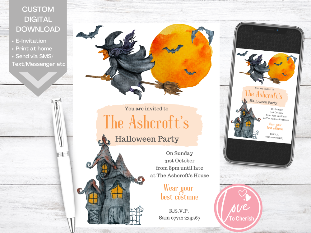 Haunted House & Flying Witch Halloween Party Invitations