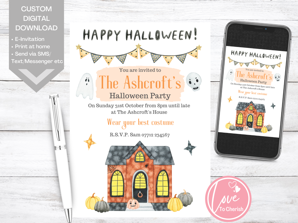 Haunted House & Pumpkins Halloween Party Invitations