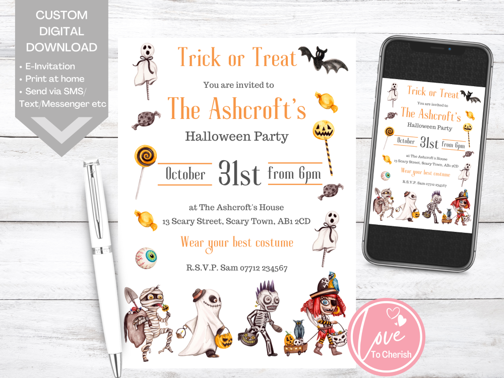 Kids Fancy Dress Trick or Treat Halloween Party Invitations