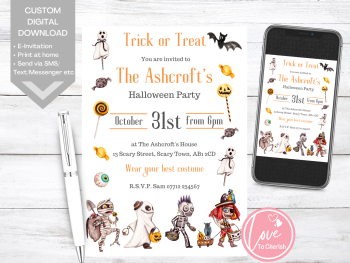 Kids Fancy Dress Trick or Treat Halloween Party Invitations - DIGITAL DOWNLOAD