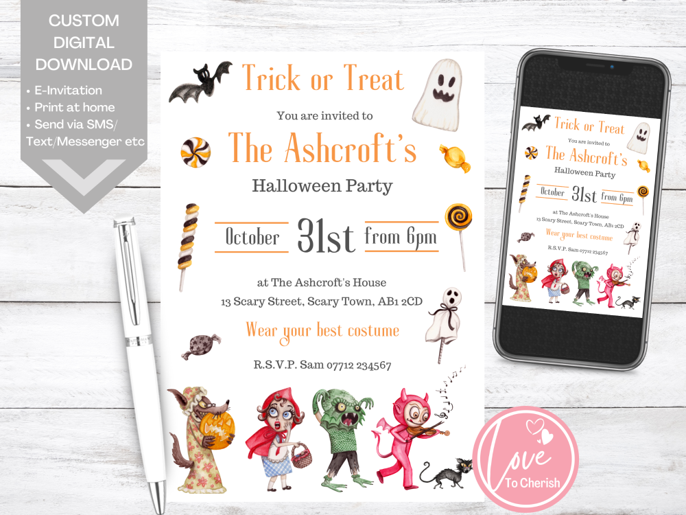 Kids Trick or Treat Halloween Party Invitations