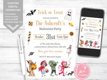 Kids Trick or Treat Halloween Party Invitations - DIGITAL DOWNLOAD