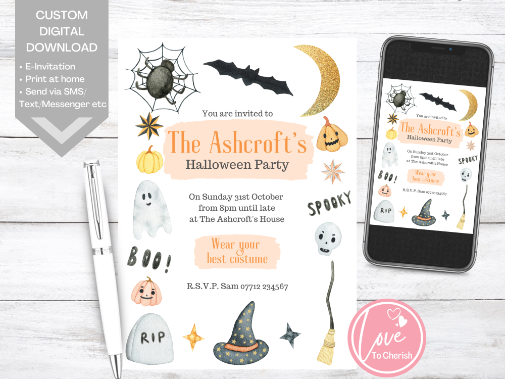 Witches Hat & Broom Halloween Party Invitations
