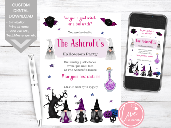 Gnome Witches Halloween Party Invitations - DIGITAL DOWNLOAD