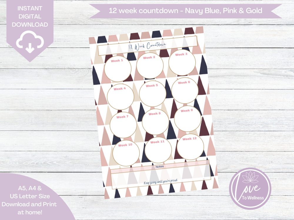 Printable 12 Week Countdown - Navy Blue & Pink Geo Triangles - DIGITAL DOWN