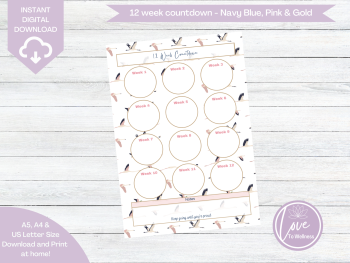 Printable 12 Week Countdown - Navy Blue & Pink Flying Geese - DIGITAL DOWNLOAD