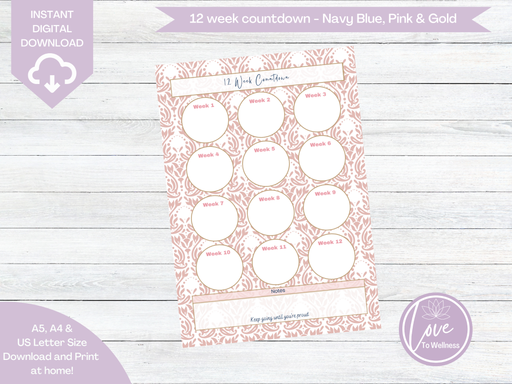 Printable 12 Week Countdown Navy Blue Gold Pink Pattern DIGITAL DOWNLOAD