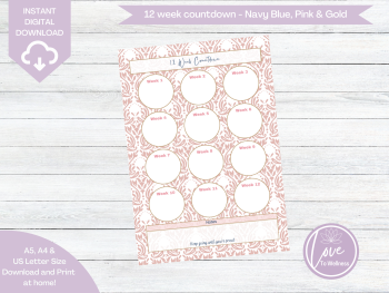 Printable 12 Week Countdown - Navy Blue, Gold & Pink Pattern - DIGITAL DOWNLOAD