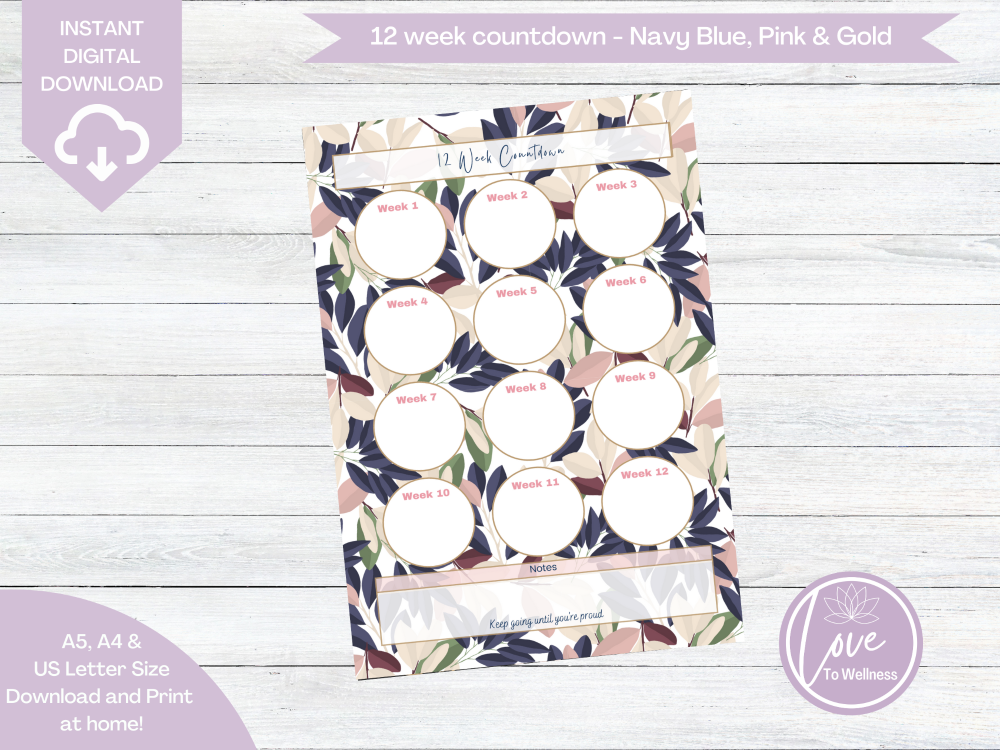 Printable 12 Week Countdown - Navy Blue & Pink Leaf Pattern - DIGITAL DOWNL