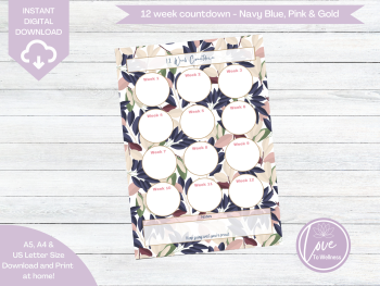 Printable 12 Week Countdown - Navy Blue & Pink Leaf Pattern - DIGITAL DOWNLOAD