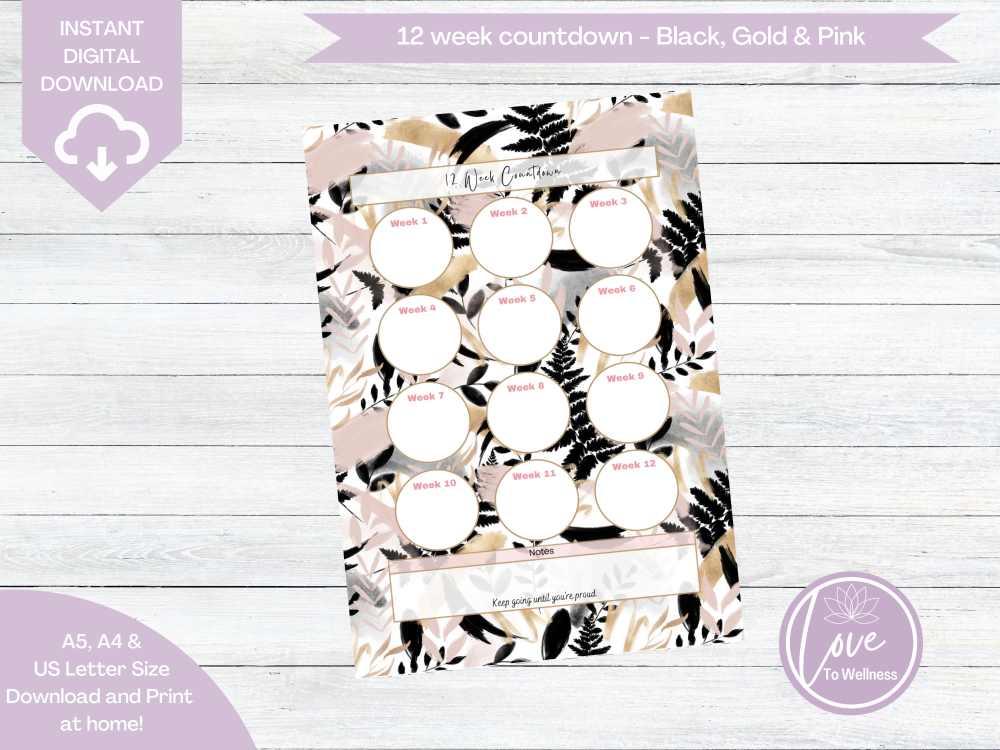 Printable 12 Week Countdown - Black, Gold & Pink Leaf Pattern - DIGITAL DOW
