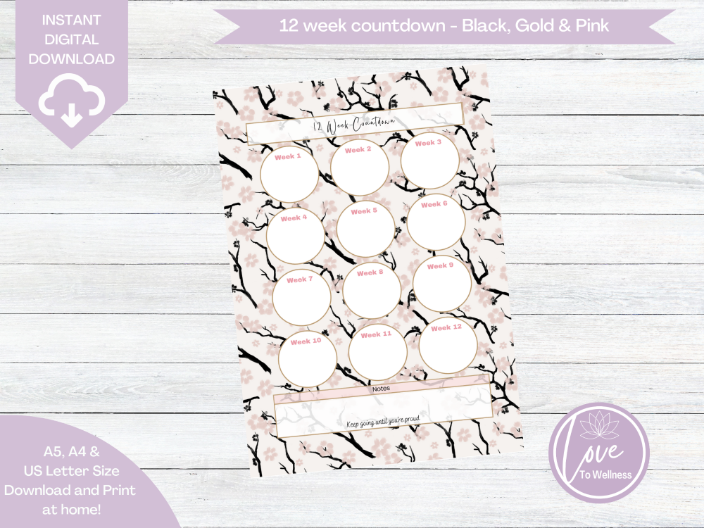 Printable 12 Week Countdown - Black, Gold & Pink Cherry Blossom - DIGITAL D
