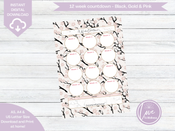 Printable 12 Week Countdown - Black, Gold & Pink Cherry Blossom - DIGITAL DOWNLOAD
