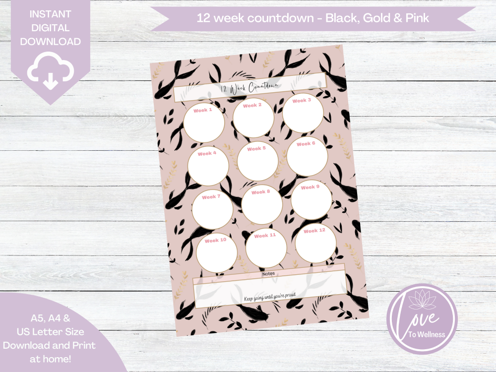Printable 12 Week Countdown - Black, Gold & Pink Koi Fish - DIGITAL DOWNLOA