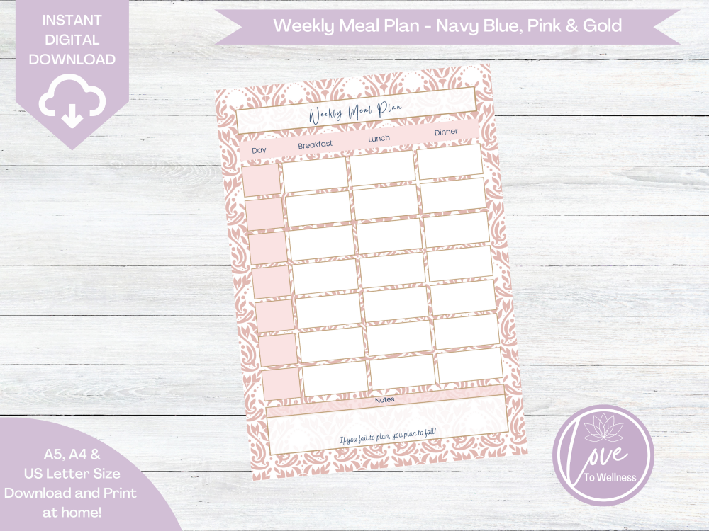 Printable Weekly Meal Planner - Pink Pattern - DIGITAL DOWNLOAD