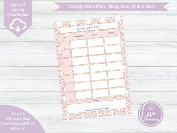 Printable Weekly Meal Planner - Navy Blue, Gold & Pink Pattern - DIGITAL DOWNLOAD