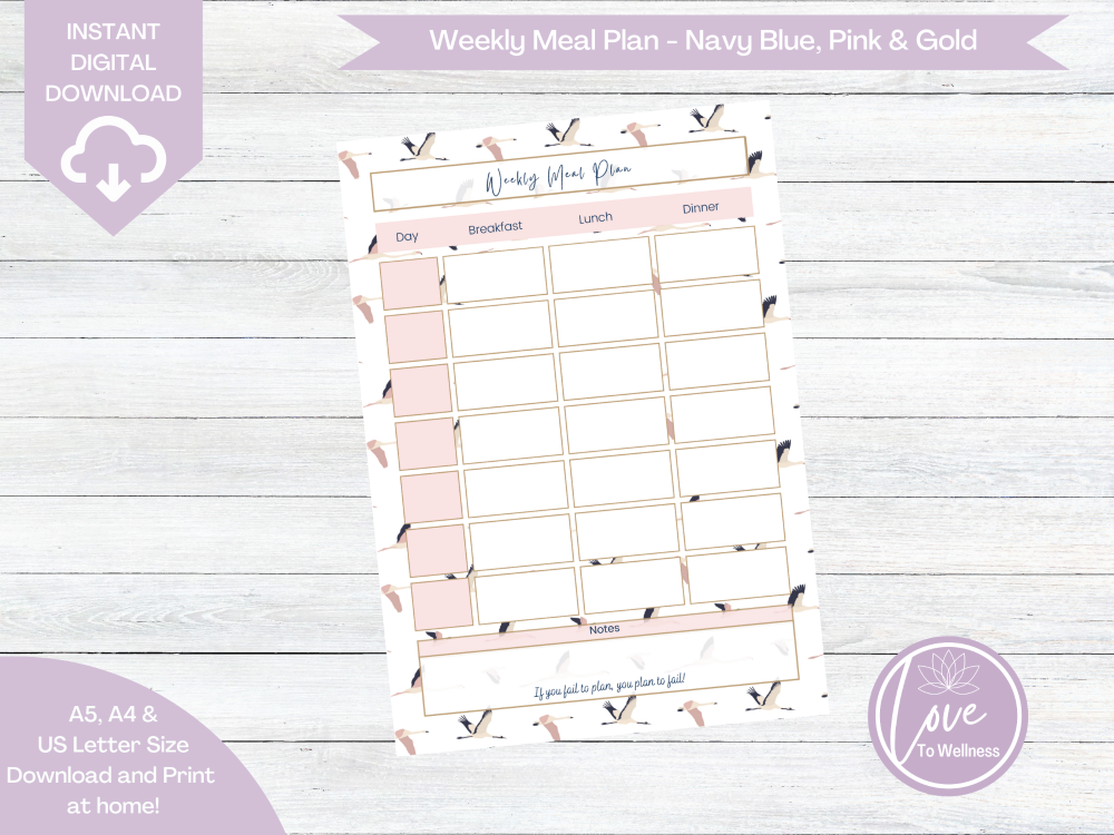 Printable Weekly Meal Planner - Navy Blue & Pink Flying Geese - DIGITAL DOW