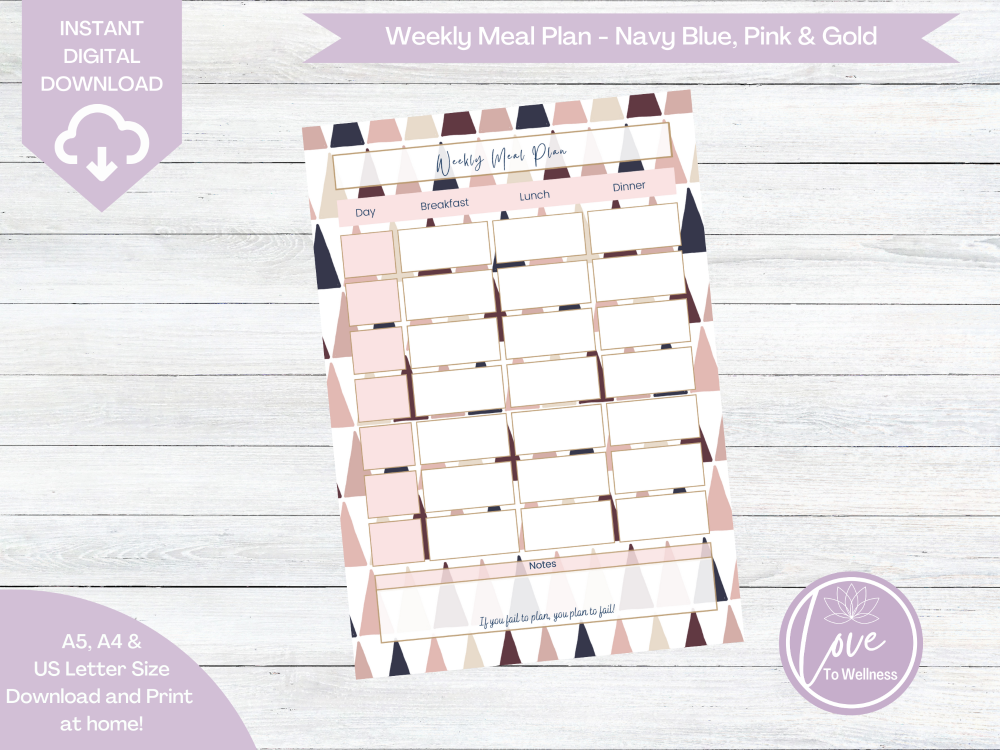Printable Weekly Meal Planner - Navy Blue & Pink Geo Triangles - DIGITAL DO