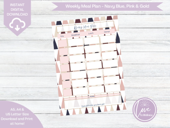 Printable Weekly Meal Planner - Navy Blue & Pink Geo Triangles - DIGITAL DOWNLOAD