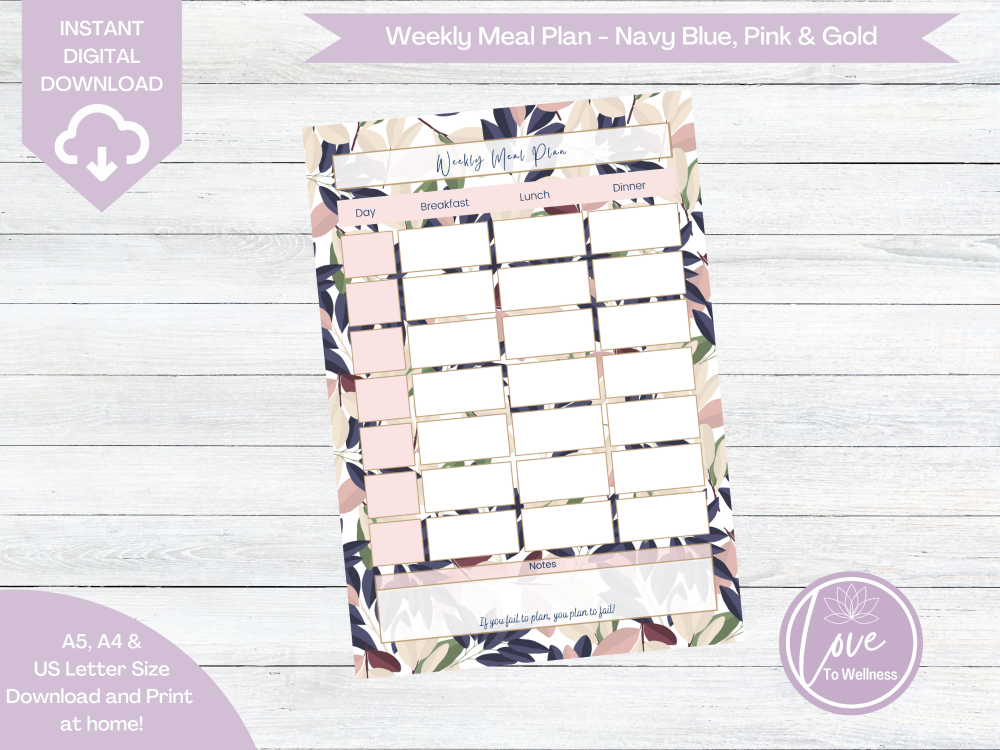 Printable Weekly Meal Planner - Navy Blue & Pink Leaf Design - DIGITAL DOWN