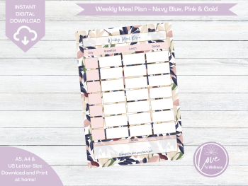 Printable Weekly Meal Planner - Navy Blue & Pink Leaf Design - DIGITAL DOWNLOAD