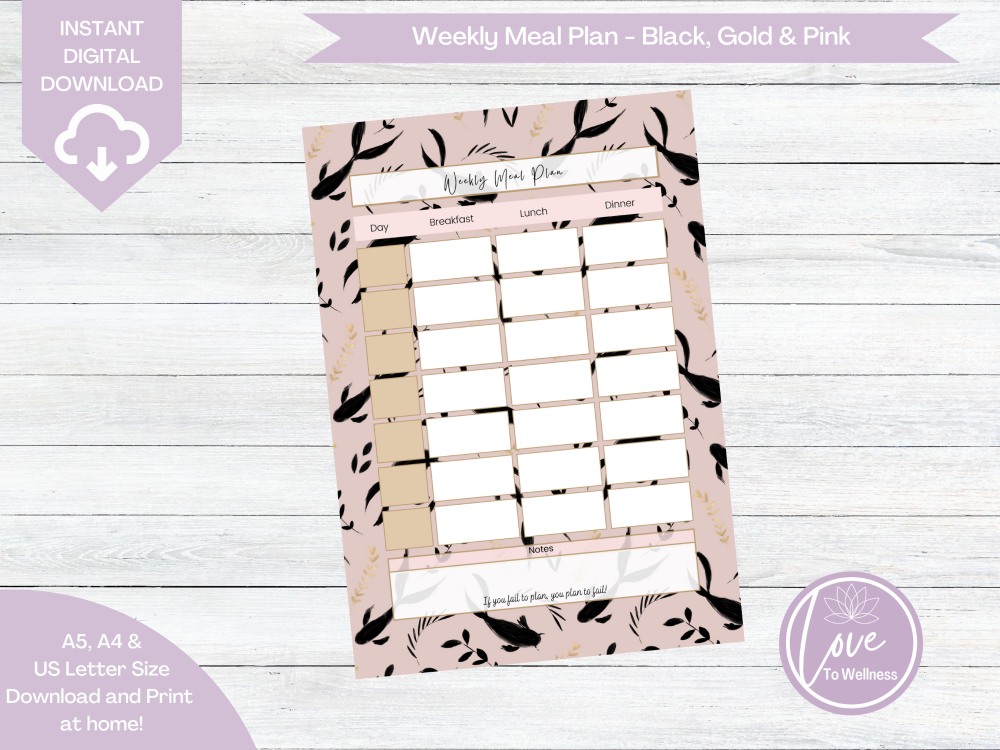 Printable Weekly Meal Planner - Black, Gold & Pink Koi Fish - DIGITAL DOWNL