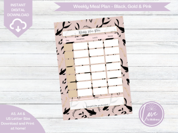 Printable Weekly Meal Planner - Black, Gold & Pink Koi Fish - DIGITAL DOWNLOAD
