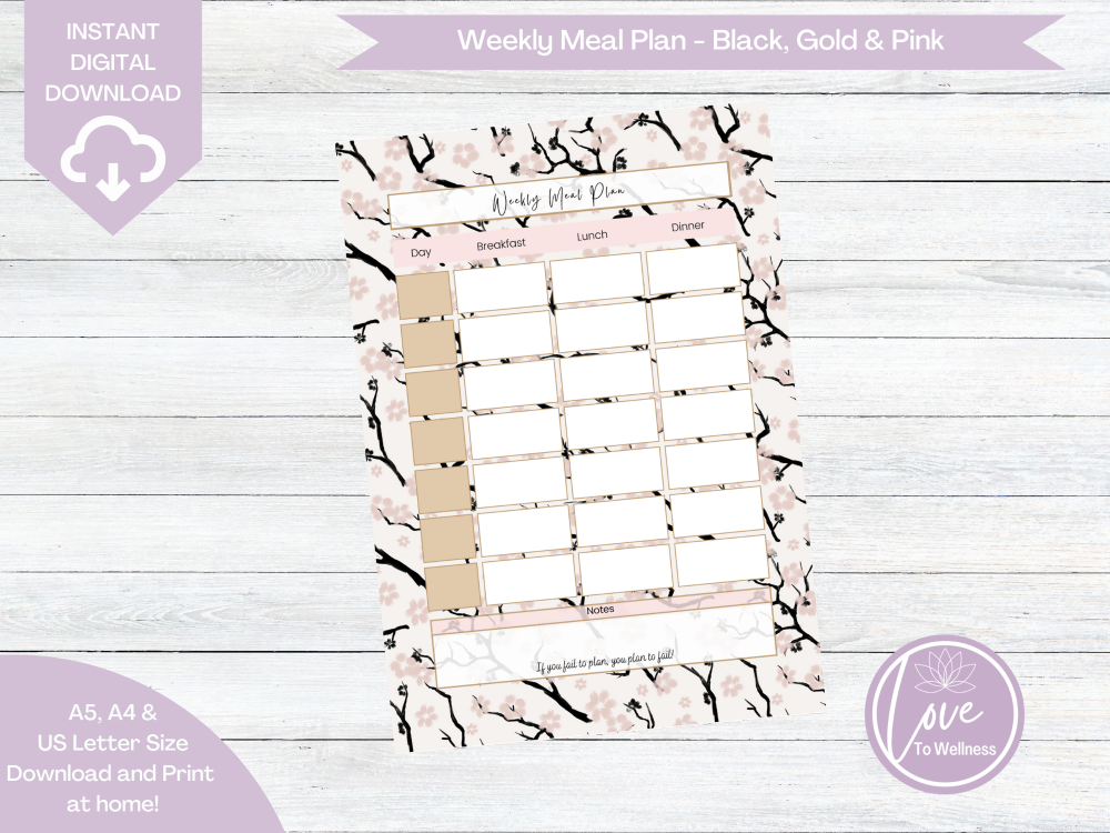 Printable Weekly Meal Planner - Black, Gold & Pink Cherry Blossom - DIGITAL