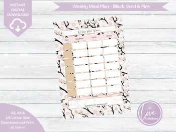 Printable Weekly Meal Planner - Black, Gold & Pink Cherry Blossom - DIGITAL DOWNLOAD