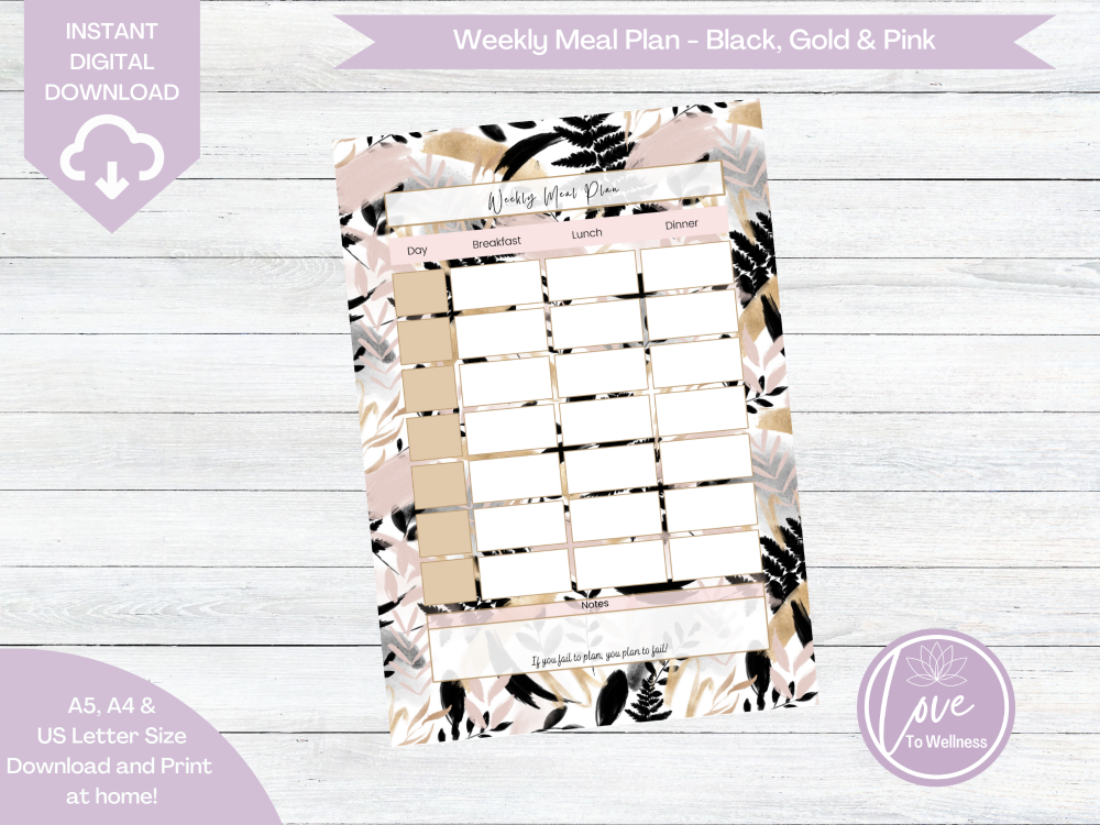 Printable Weekly Meal Planner - Black, Gold & Pink Leaf Design - DIGITAL DO