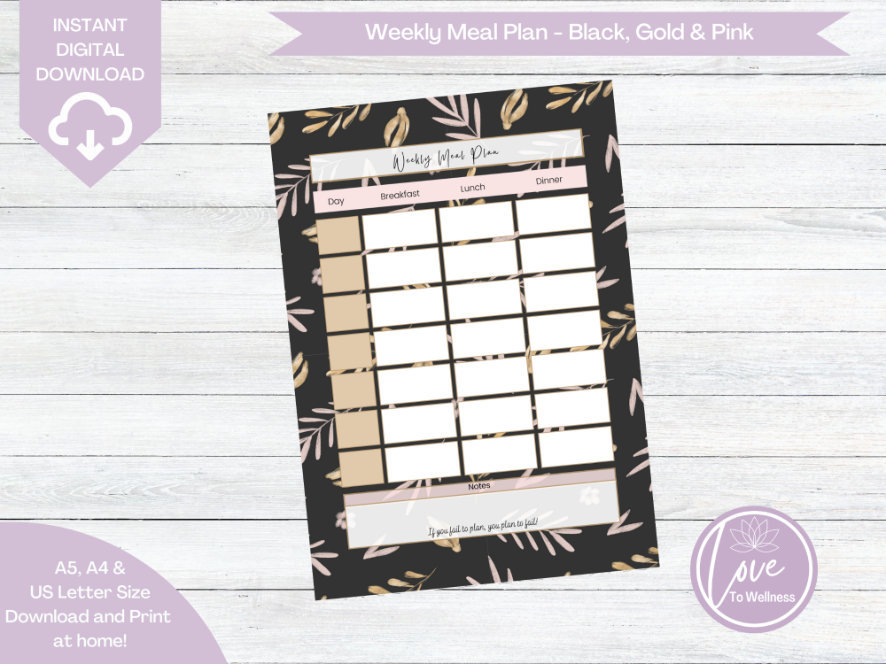 Printable Weekly Meal Planner - Black, Gold & Pink Leaf & Flower - DIGITAL 
