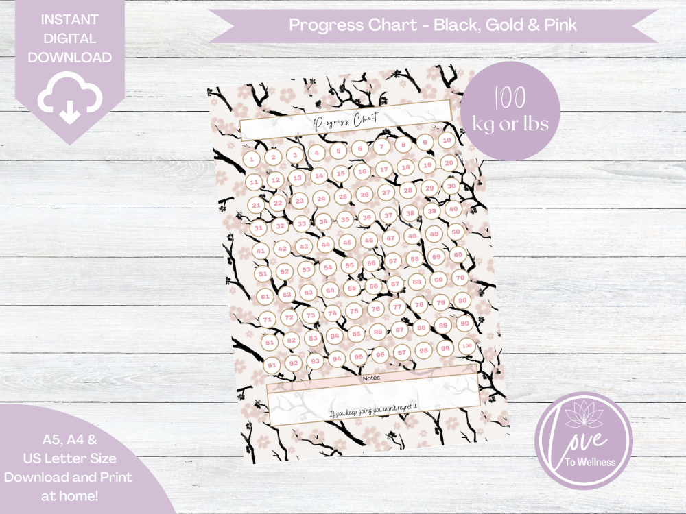 100lbs Progress Tracker Chart - Black, Gold & Pink Cherry Blossom - DIGITAL