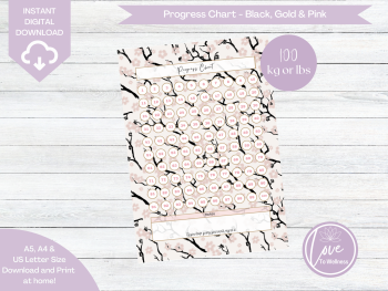 100lbs Progress Tracker Chart - Black, Gold & Pink Cherry Blossom - DIGITAL DOWNLOAD