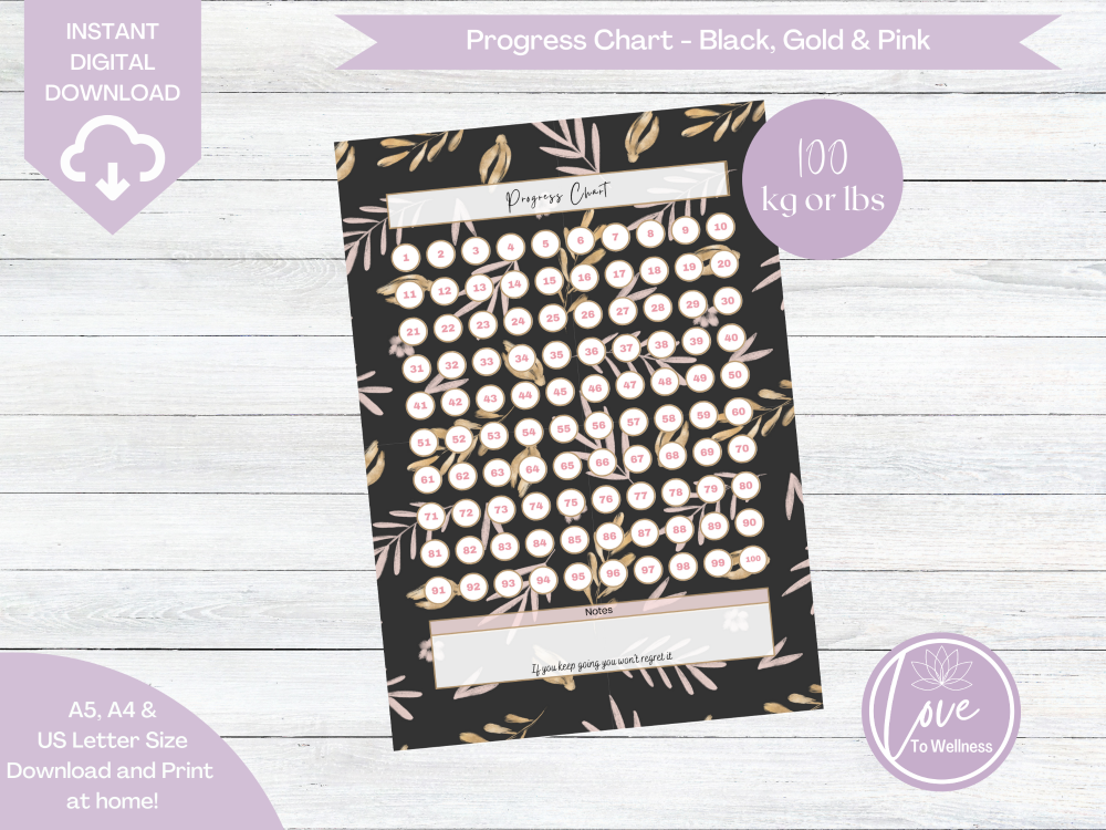 100lbs Progress Tracker Chart - Black, Gold & Pink Leaf & Flower - DIGITAL 