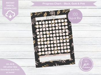 100lbs Progress Tracker Chart - Black, Gold & Pink Leaf & Flower - DIGITAL DOWNLOAD